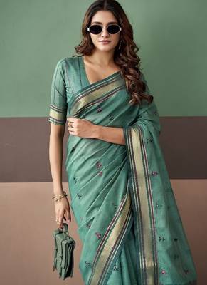 Peacock green soft cotton casual & festive wear saree 5