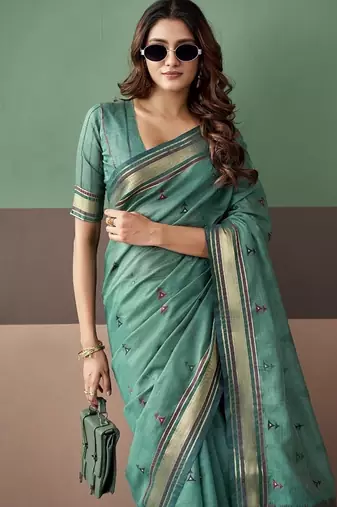 Peacock green soft cotton casual & festive wear saree