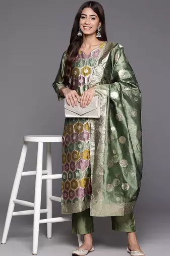 Chanderi Silk Kurta with Trousers & Dupatta