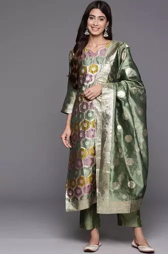 Chanderi Silk Kurta with Trousers & Dupatta