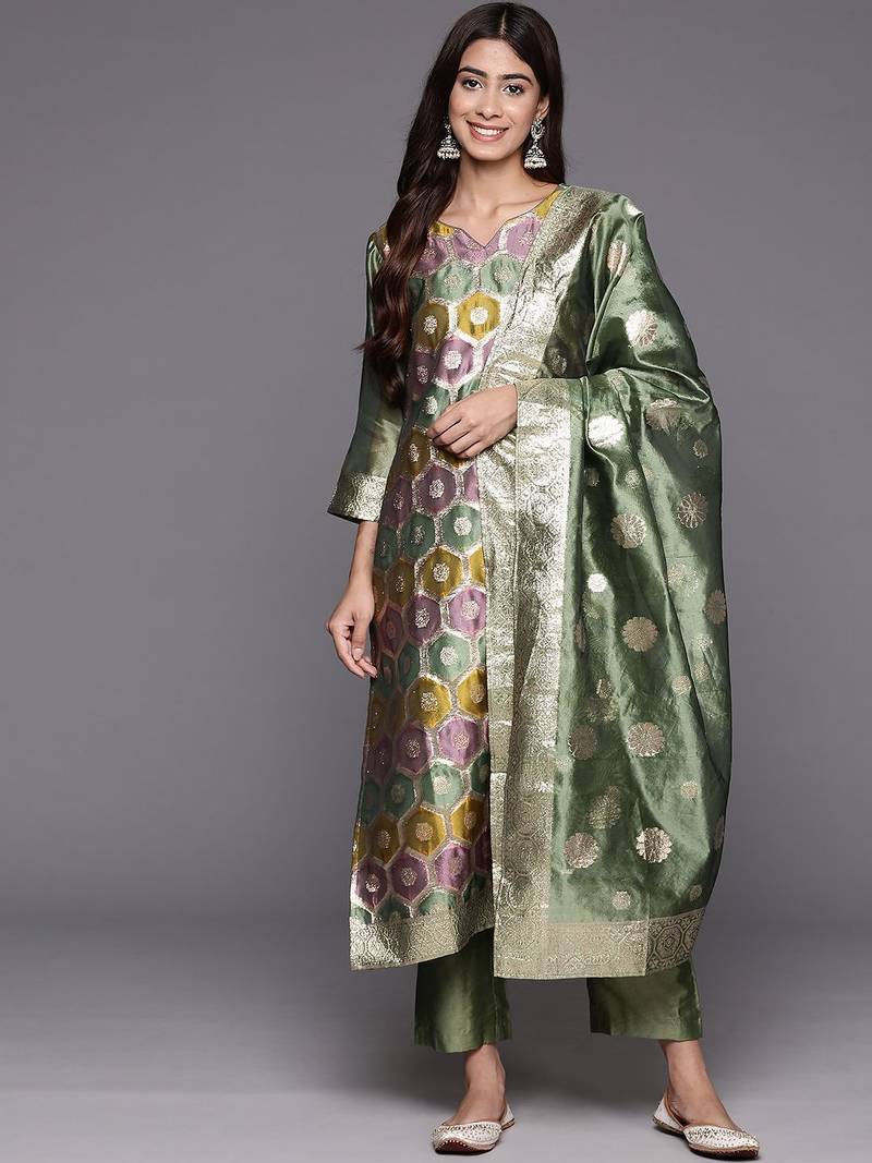 Chanderi Silk Kurta with Trousers & Dupatta