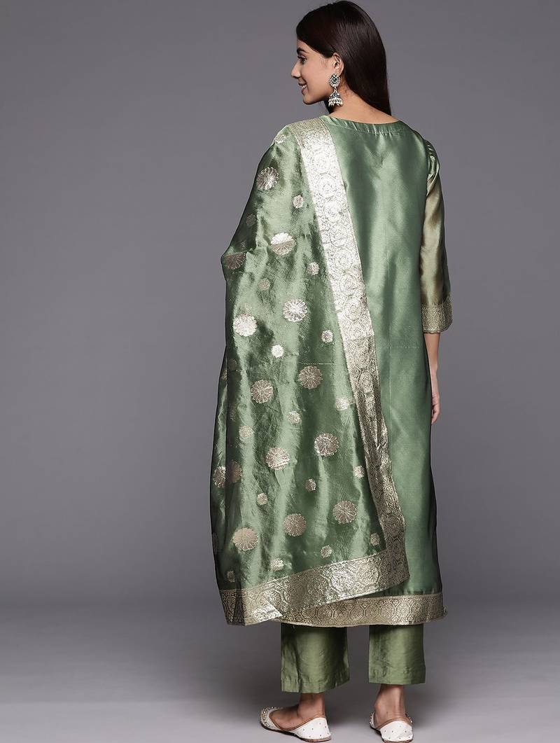 Chanderi Silk Kurta with Trousers & Dupatta