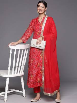 Red Bandhani printed A line Kurta with Trouser and Dupatta 1