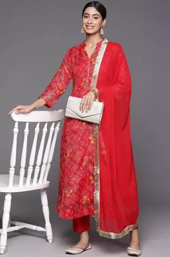 Red Bandhani printed A line Kurta with Trouser and Dupatta