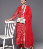 Red Bandhani printed A line Kurta with Trouser and Dupatta