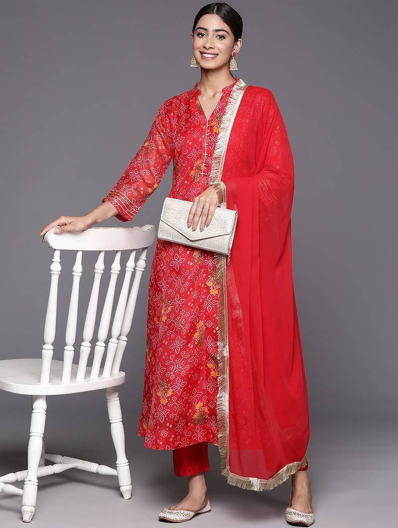 Red Bandhani printed A line Kurta with Trouser and Dupatta