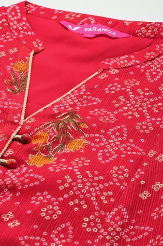 Red Bandhani printed A line Kurta with Trouser and Dupatta