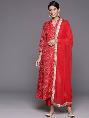 Red Bandhani printed A line Kurta with Trouser and Dupatta 5