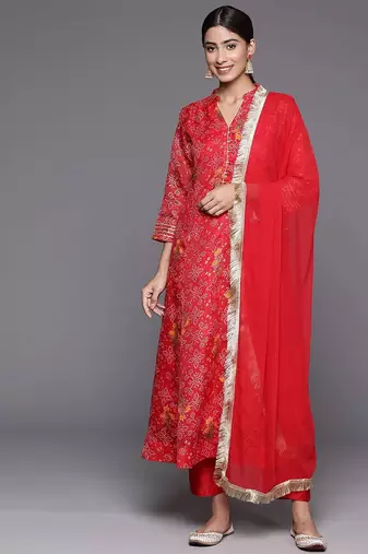Red Bandhani printed A line Kurta with Trouser and Dupatta