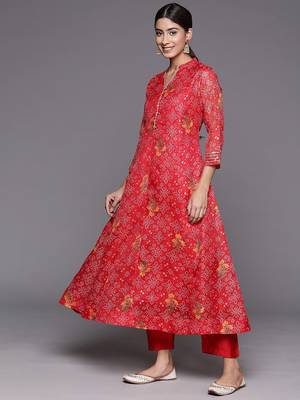 Red Bandhani printed A line Kurta with Trouser and Dupatta 6