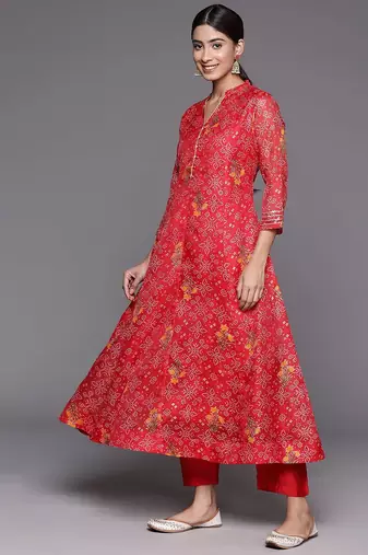 Red Bandhani printed A line Kurta with Trouser and Dupatta