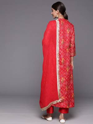Red Bandhani printed A line Kurta with Trouser and Dupatta 7