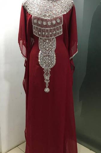 Red dubai fancy silver embroidery kaftan