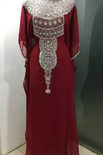 Red dubai fancy silver embroidery kaftan