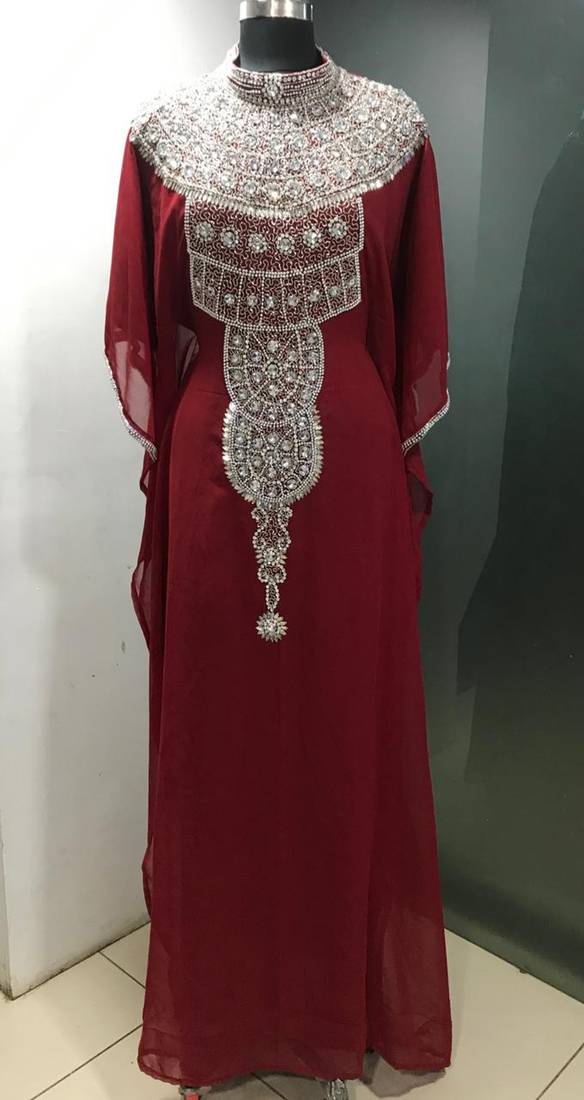 Red dubai fancy silver embroidery kaftan