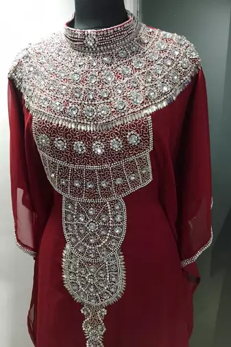 Red dubai fancy silver embroidery kaftan