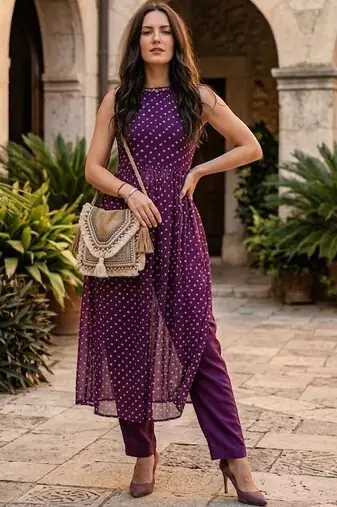 Women Bandhani Embroidered Regular Thread Work Kurta with Palazzos