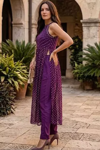 Women Bandhani Embroidered Regular Thread Work Kurta with Palazzos