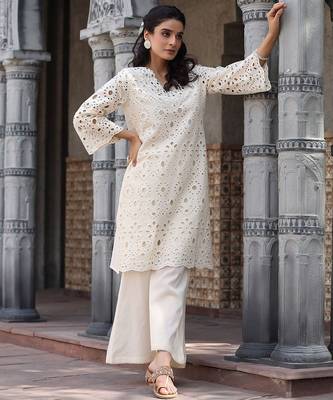 Women Ethnic Motifs Embroidered Regular Mirror Work Pure Cotton Kurta with Palazzos 1