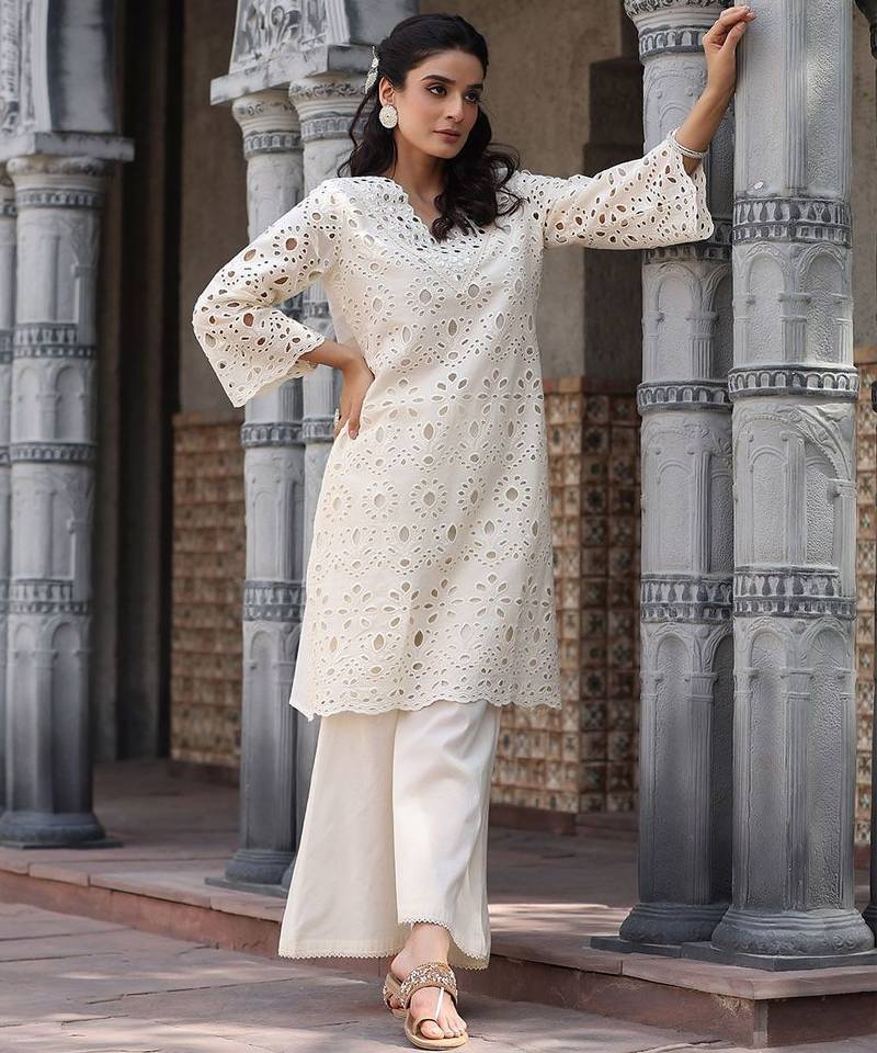 Women Ethnic Motifs Embroidered Regular Mirror Work Pure Cotton Kurta with Palazzos
