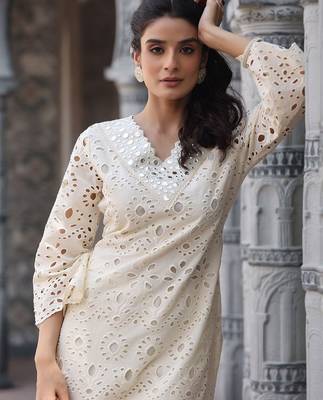 Women Ethnic Motifs Embroidered Regular Mirror Work Pure Cotton Kurta with Palazzos 5