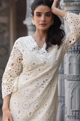 Women Ethnic Motifs Embroidered Regular Mirror Work Pure Cotton Kurta with Palazzos