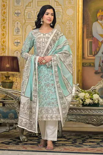 Women Floral Printed Regular Beads and Stones Pure Cotton Kurta with Trousers & With Dupatta
