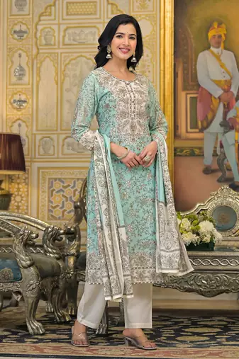 Women Floral Printed Regular Beads and Stones Pure Cotton Kurta with Trousers & With Dupatta