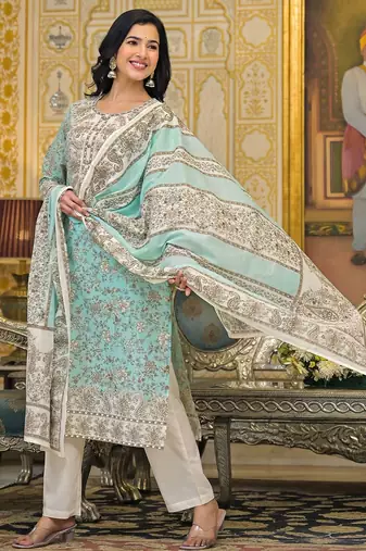 Women Floral Printed Regular Beads and Stones Pure Cotton Kurta with Trousers & With Dupatta