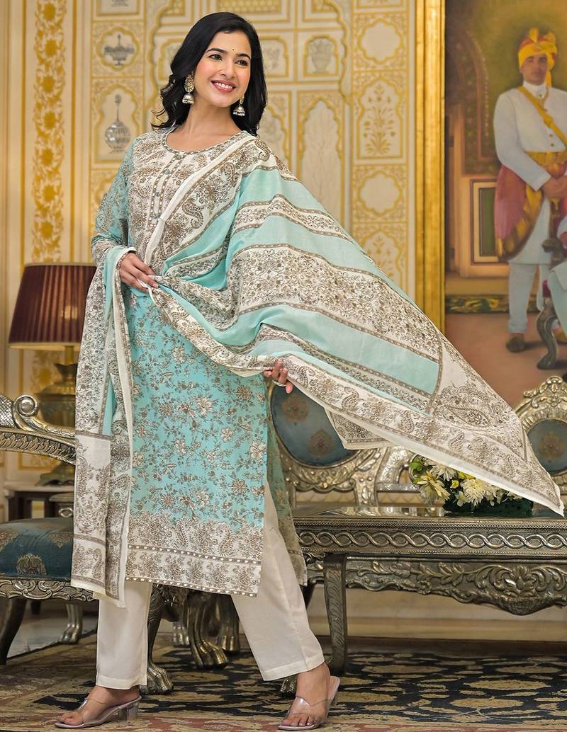 Women Floral Printed Regular Beads and Stones Pure Cotton Kurta with Trousers & With Dupatta