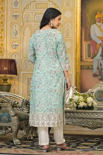 Women Floral Printed Regular Beads and Stones Pure Cotton Kurta with Trousers & With Dupatta