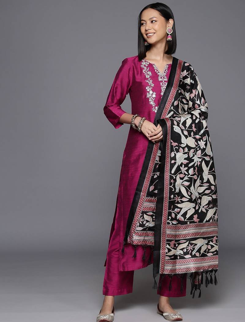 Women Floral Yoke Design Regular Sequinned Kurta with Trousers & Dupatta