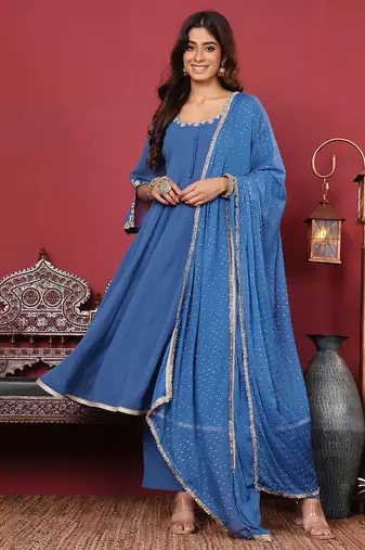 Floral Embroidered Silk Georgette Anarkali Kurta With Palazzos & Dupatta