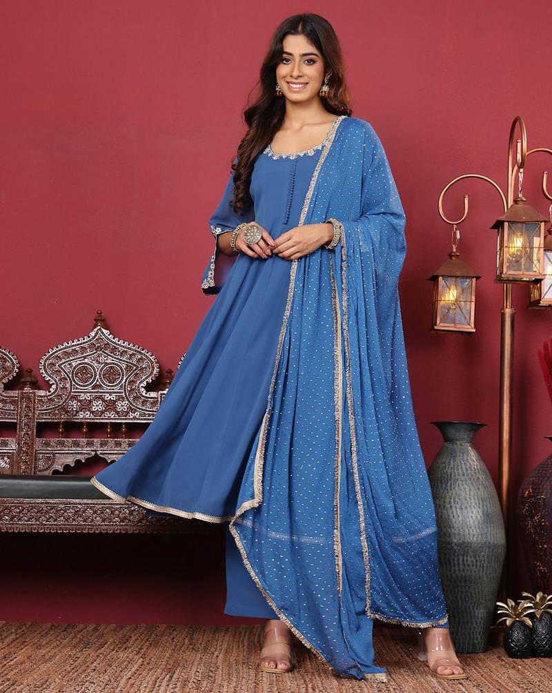 Floral Embroidered Silk Georgette Anarkali Kurta With Palazzos & Dupatta