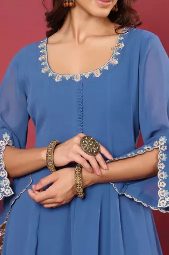 Floral Embroidered Silk Georgette Anarkali Kurta With Palazzos & Dupatta