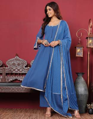 Floral Embroidered Silk Georgette Anarkali Kurta With Palazzos & Dupatta 3