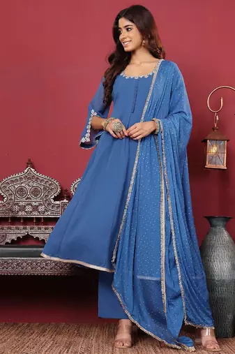 Floral Embroidered Silk Georgette Anarkali Kurta With Palazzos & Dupatta