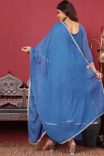 Floral Embroidered Silk Georgette Anarkali Kurta With Palazzos & Dupatta