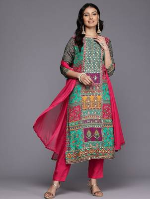 Ethnic Motifs Printed Sequinned Pure Silk Kurta With Trousers & Dupatta 1