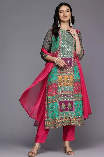 Ethnic Motifs Printed Sequinned Pure Silk Kurta With Trousers & Dupatta
