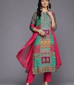 Ethnic Motifs Printed Sequinned Pure Silk Kurta With Trousers & Dupatta