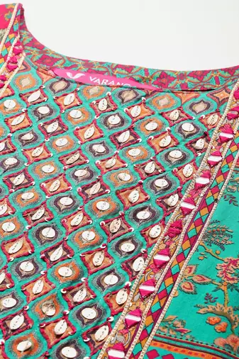 Ethnic Motifs Printed Sequinned Pure Silk Kurta With Trousers & Dupatta