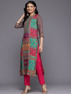 Ethnic Motifs Printed Sequinned Pure Silk Kurta With Trousers & Dupatta 5