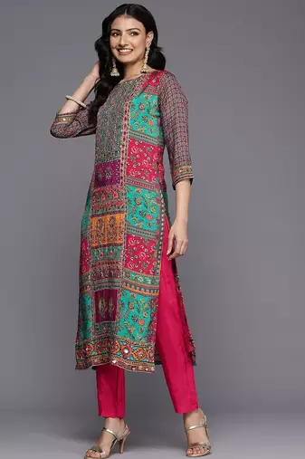 Ethnic Motifs Printed Sequinned Pure Silk Kurta With Trousers & Dupatta