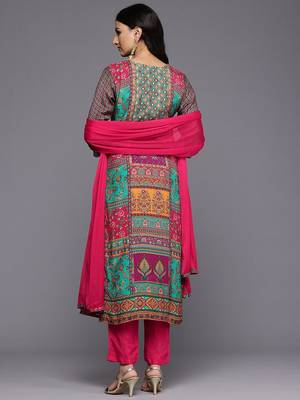 Ethnic Motifs Printed Sequinned Pure Silk Kurta With Trousers & Dupatta 6