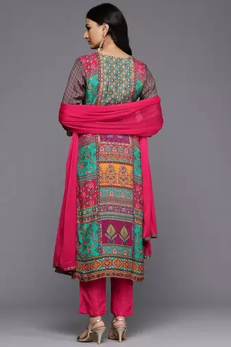 Ethnic Motifs Printed Sequinned Pure Silk Kurta With Trousers & Dupatta