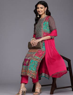 Ethnic Motifs Printed Sequinned Pure Silk Kurta With Trousers & Dupatta 7