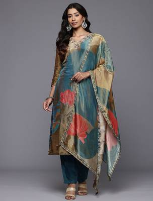 Floral Embroidered Beads & Stones Pure Silk Kurta With Trousers & Dupatta 1