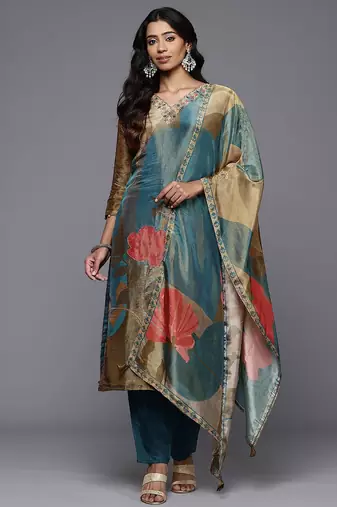 Floral Embroidered Beads & Stones Pure Silk Kurta With Trousers & Dupatta