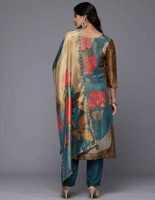 Floral Embroidered Beads & Stones Pure Silk Kurta With Trousers & Dupatta 6